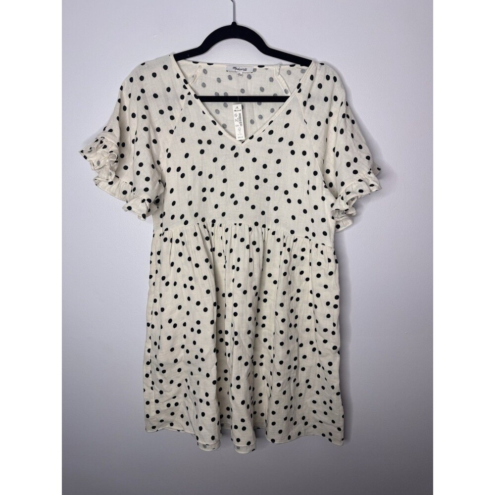 New Madewell Polka Dot Double Gauze Ruffle Sleeve Babydoll Dress Cream Black S